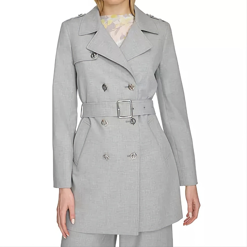 Calvin Klein Double Breasted Trench Coat Gray Belted Jacket Womens Size 22W NWT